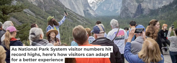 Crowds often form at popular places in U.S. national parks, like the entrance to Yosemite Valley in California. Jim West/UCG/Universal Images Group via Getty Images)